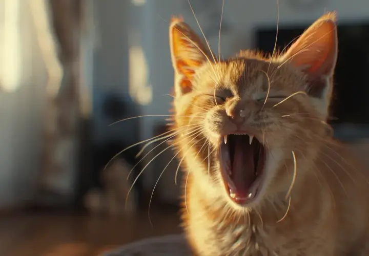 Rudy kotek ziewa, pokazując ostre zęby. Choć wygląda na zdrowego, warto pamiętać o profilaktyce chorób kotów.
