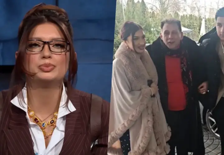 Viki Gabor w eleganckim stroju i rodzina podczas uroczystości, być może ślub.
