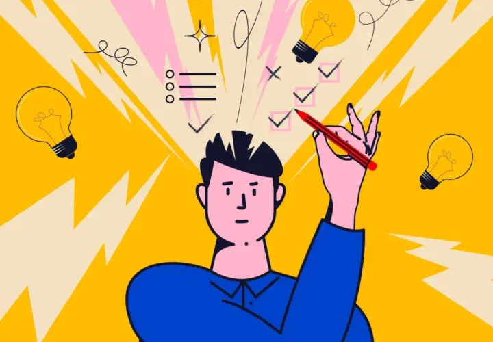 Un uomo con una matita rossa esercita il suo pensiero critico, segnando idee e spuntando compiti tra lampadine luminose.