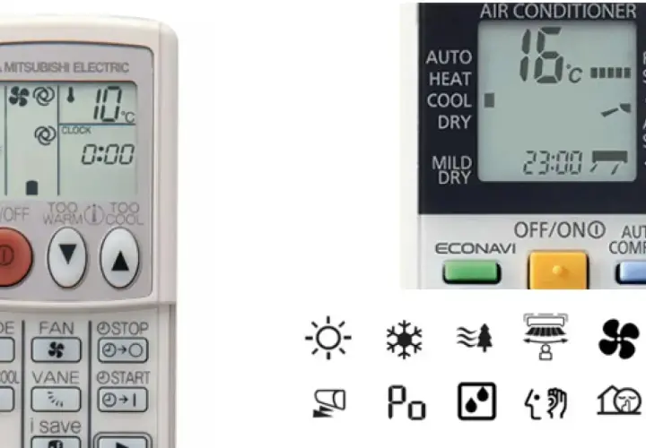 Mandos de aire acondicionado con varios símbolos: sol, copo de nieve, olas, árbol, ventilador, etc.