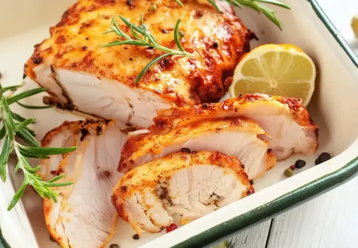 Soczysty filet z indyka, pokrojony w plastry, z ziołami i cytryną. Idealny sposób, jak upiec filet z indyka, aby nie był suchy.