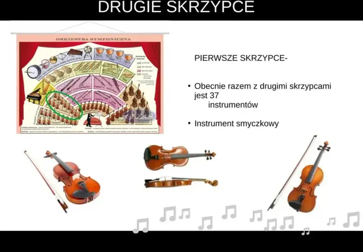 Instrumenty smyczkowe: skrzypce, altówka, wiolonczela, kontrabas. Schemat orkiestry symfonicznej i zdjęcia instrumentów.