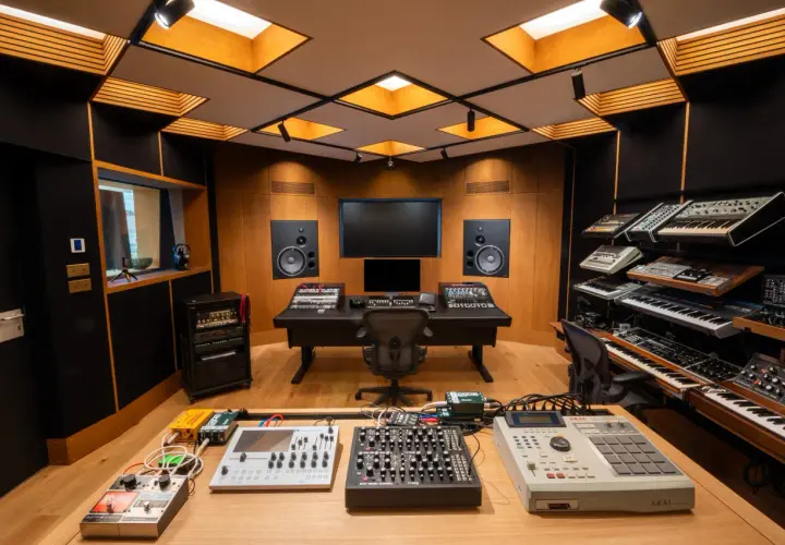 Un studio son professionnel avec des synthétiseurs, une console de mixage et des enceintes.