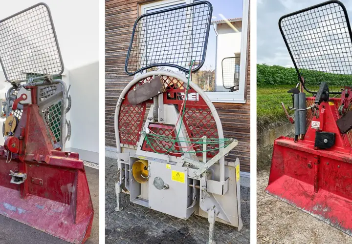 Drei rote Seilwinden mit Schutzgitter und Schaufel. Diese Kupplung Seilwinde ist robust und für schwere Arbeiten im Wald ausgelegt.