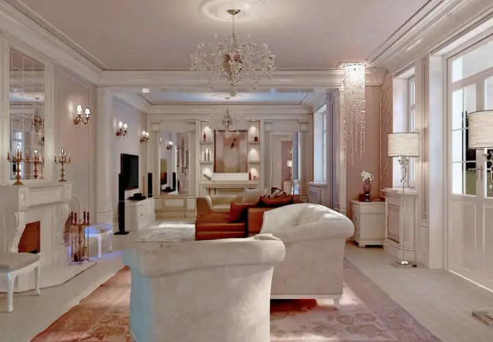 Elegancki salon w stylu glamour z kryształowymi żyrandolami, wygodnymi sofami i kominkiem.