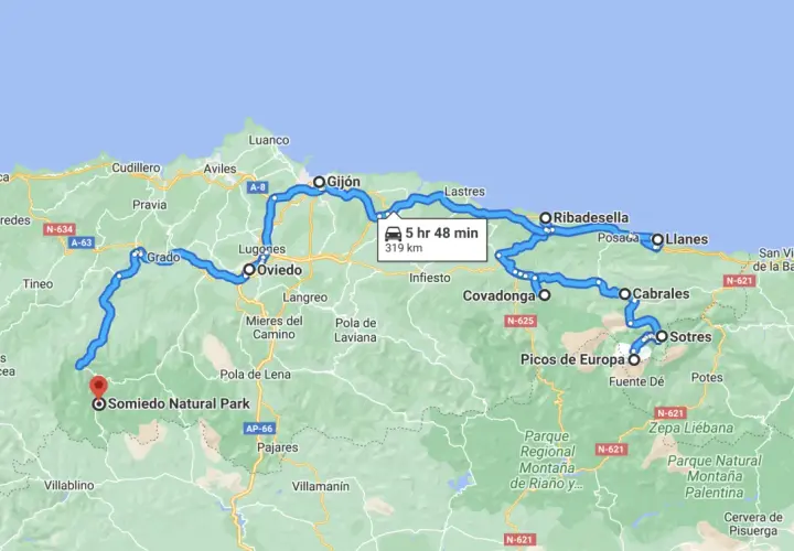 Itinéraire en camping-car à travers la Cantabrie et les Asturies, passant par Oviedo, Gijón, Picos de Europa et le parc naturel de Somiedo.