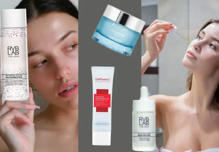 Kobieta stosuje kosmetyki do pielęgnacji, w tym serum i krem, które pomagają łagodzić **skórę reaktywną**.