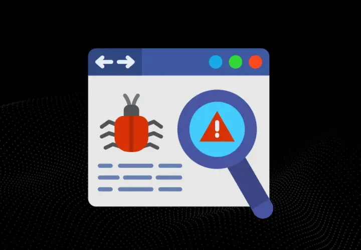 Grafika przedstawia okno przeglądarki z ikoną robaka i lupą wskazującą na ostrzeżenie. To wizualizacja problemu: malware co to jest i jak go wykryć.