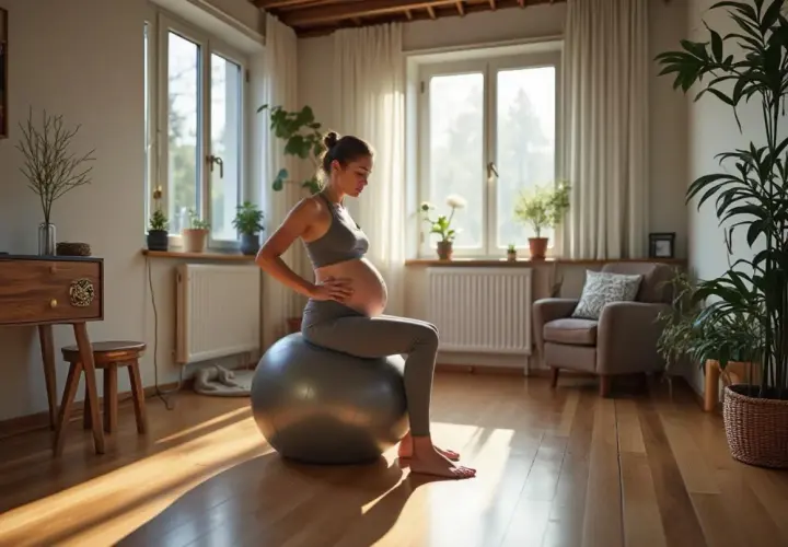 Kobieta w zaawansowanej ciąży wykonuje ćwiczenia na piłce gimnastycznej w słonecznym pokoju. Delikatne światło podkreśla jej brzuszek i spokój.