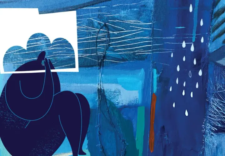 Figura blu rannicchiata, copre il volto con una nuvola bianca, simbolo di attacchi di ansia. Pioggia bianca cade su uno sfondo blu astratto.