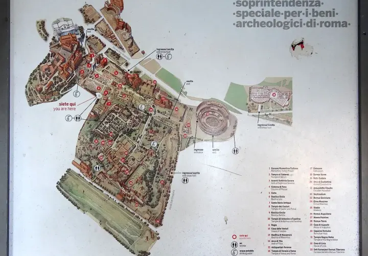 Plan du Mont Palatin : combien de temps pour visiter ? Ce plan interactif indique votre position et les différents sites à explorer.