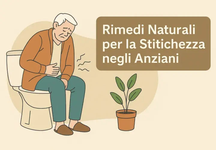 Un anziano seduto sul water, con la mano sull'addome, soffre di stitichezza. Il testo suggerisce rimedi naturali per la stitichezza cronica negli anziani.