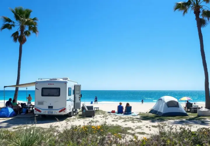 Camping-car sur une plage portugaise, idéal pour un budget voyage au Portugal en camping-car. Soleil, mer et détente.