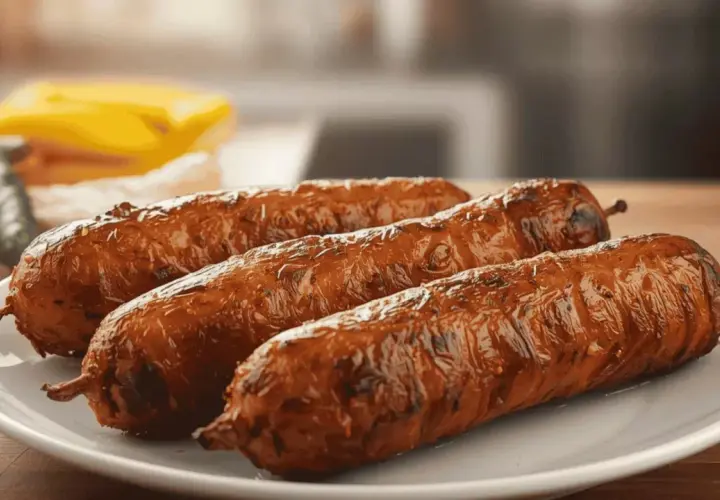 Trois andouillettes grillées sur une assiette blanche.