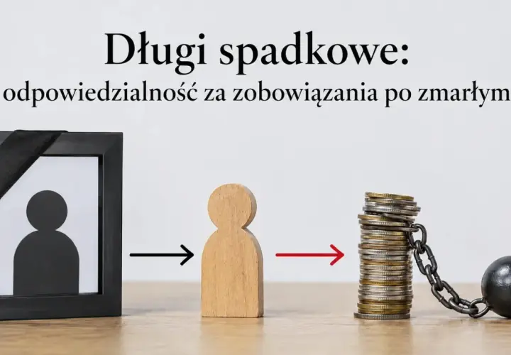 Obrazek symbolizuje długi spadkowe. Czarna ramka ze wstęgą, drewniana figurka i stos monet z kulą u łańcucha. To jak spis inwentarza zobowiązań po zmarłym.