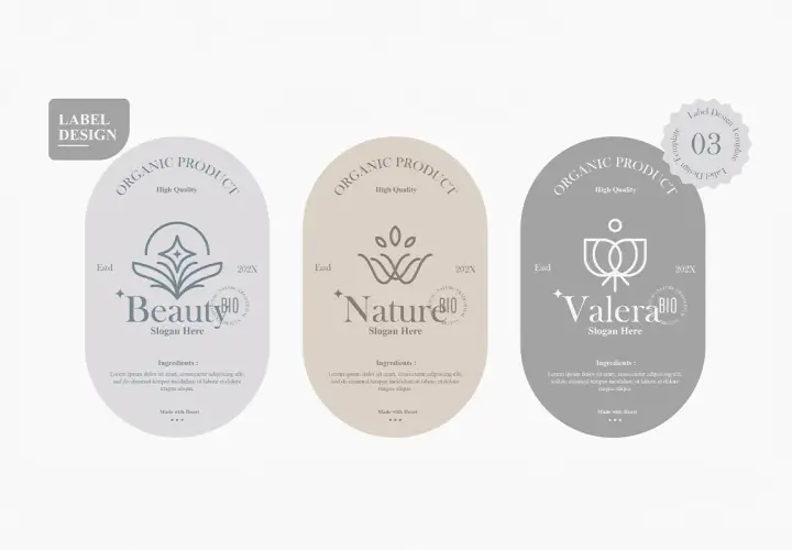 Trzy etykiety produktów organicznych: "Beauty", "Nature" i "Valera". Każda zawiera logo, slogan i listę składników, podkreślając naturalne pochodzenie i wysoką jakość.