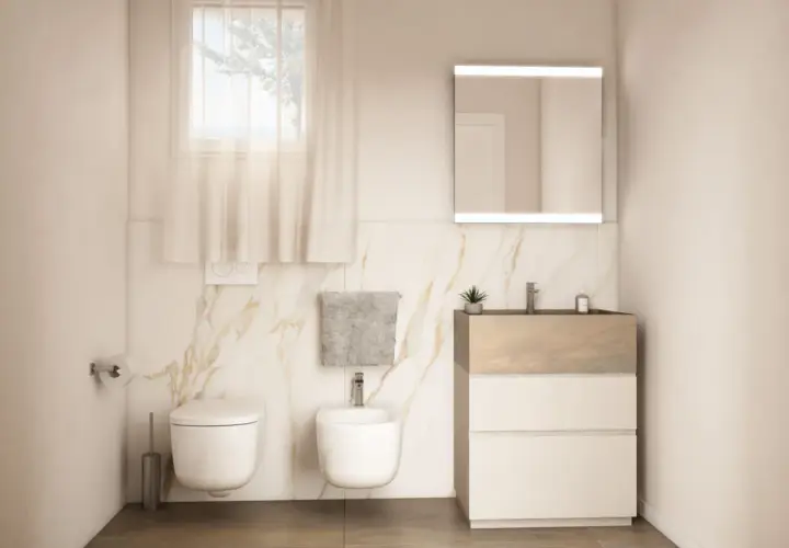 Bagno moderno con WC, bidet e mobile lavabo. Ideale per chi cerca ispirazione su come posare piastrelle bagno con finiture marmorizzate.