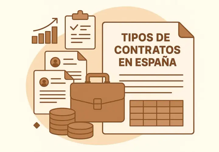Documentos, maletín y monedas ilustran qué tipos de contratos hay en España, con gráficos de barras y listas.