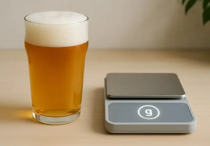 Un verre de bière ambrée avec une mousse épaisse à côté d'une balance numérique. La balance affiche le symbole "g", suggérant une mesure pour savoir 1 bière = combien de grammes d'alcool.