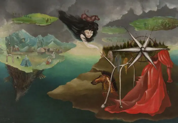 Paysage onirique d'artistes surréalistes : une tête de femme aux longs cheveux noirs flotte, un cheval tacheté, une robe rouge et une créature aquatique étrange.
