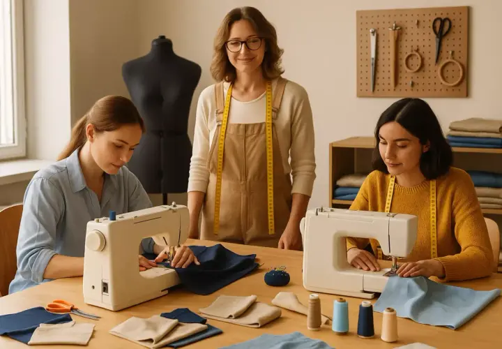 Trois femmes apprennent la couture dans un atelier. L'une d'elles, l'instructrice, sourit.