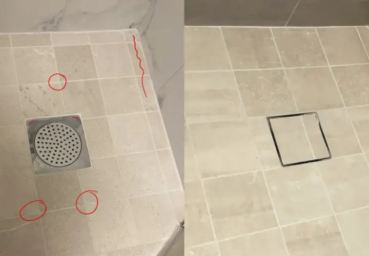 Före och efter bild på ett badrumsgolv där man ska byta golvbrunn. Den gamla brunnen är borttagen och en ny, modernare, är installerad.