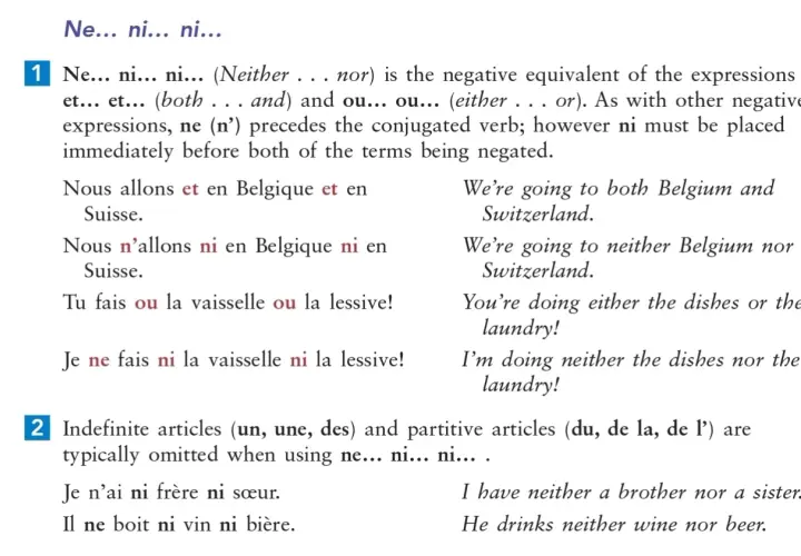 Lezione di francese su "ne... ni... ni..." (né... né...). Esempi: "Non faccio né i piatti né il bucato.
