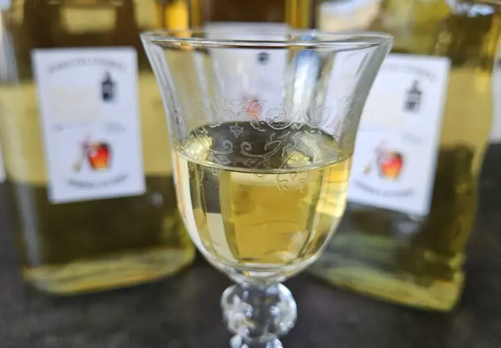 Szklanka z domową whisky "pudrową" z miodem i przyprawami, w tle butelki. Idealna na zimowe wieczory.