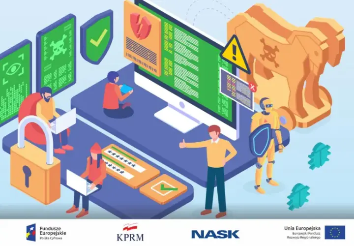 Ilustracja przedstawia walkę z **malware**. Ludzie i robot chronią dane przed zagrożeniami, symbolizowanymi przez konia trojańskiego i wirusy.