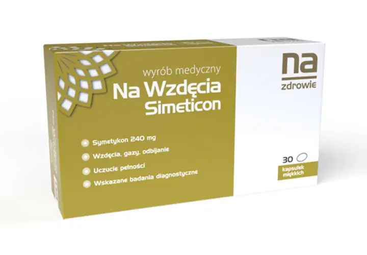 Opakowanie leku "Na Wzdęcia Simeticon" - najskuteczniejszy lek na wzdęcia, zawiera 30 kapsułek miękkich.