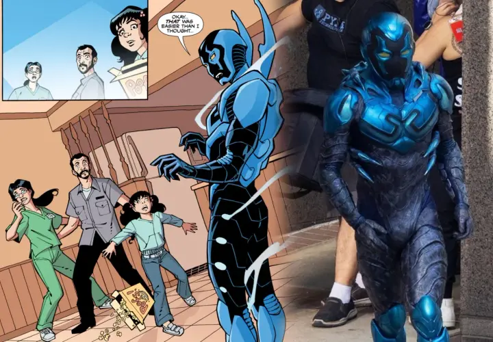 Il fumetto mostra una famiglia spaventata da Blue Beetle, mentre una foto reale rivela il costume. Le recensioni di Blue Beetle sono positive.