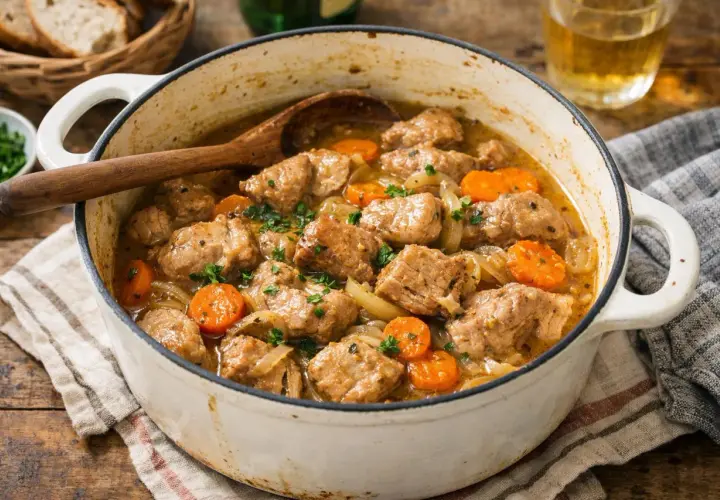 Un réconfortant sauté de porc mijoté avec des carottes et des oignons, garni de persil frais. Un plat parfait pour un repas convivial.
