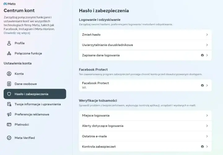 Ustawienia konta Meta: Hasło i zabezpieczenia, w tym logowanie i odzyskiwanie, uwierzytelnianie dwuskładnikowe, zapisane dane logowania, Facebook Protect, weryfikacje tożsamości, miejsca logowania, alerty dotyczące logowania.