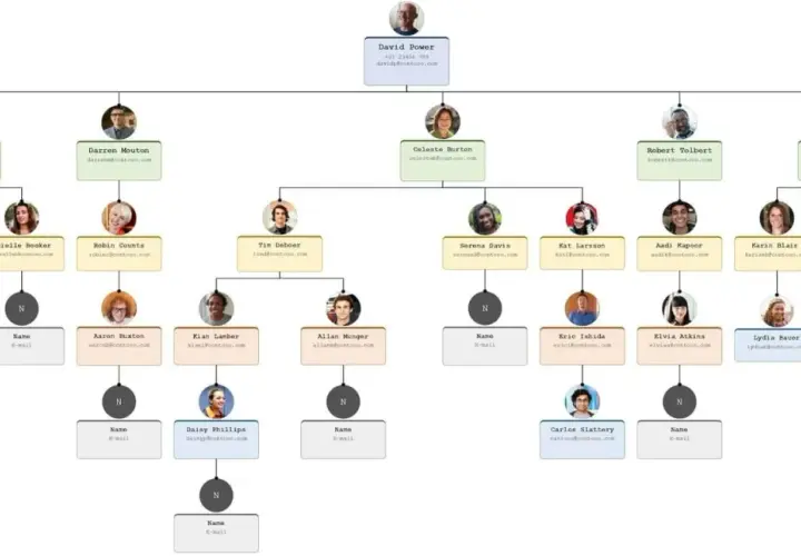 An organizational chart showing a flexible organizational structure with David Power at the top, leading to various teams and individuals.