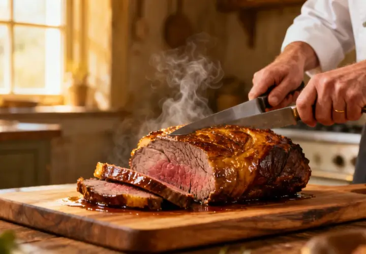 Un chef tranche un roti de boeuf juteux et fumant sur une planche en bois. La viande est rosée à cœur, avec une croûte dorée et appétissante.