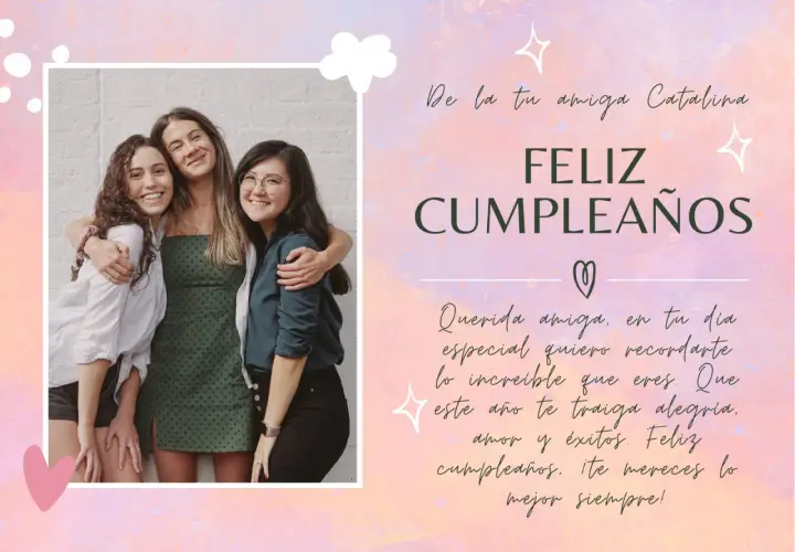 Tres amigas sonriendo, con un mensaje de "Feliz Cumpleaños" escrito en letras bonitas.