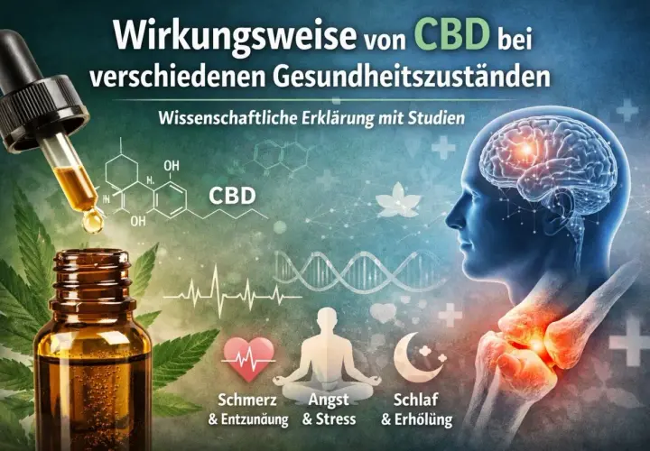 CBD-Öl-Flasche mit Pipette, Gehirn, Knochen und Symbolen für Schmerz, Angst und Schlaf. Die Grafik zeigt, dass CBD entzündungshemmend wirkt.