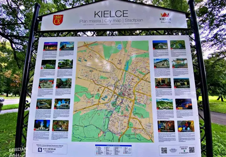 Mapa Kielc z atrakcjami, w tym z malowniczym jeziorem szmaragdowym.