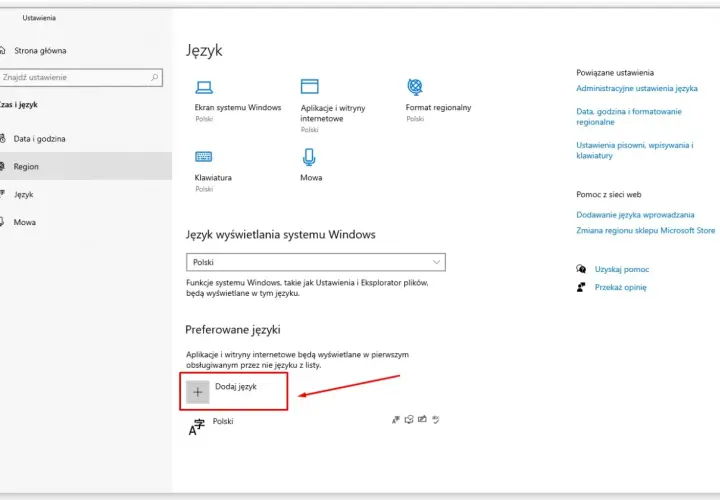 Ustawienia Windows 7 zmiana języka. Widok panelu "Język" z opcją dodania nowego języka.