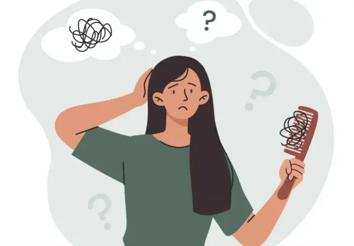 Mujer preocupada por la caída de pelo, se pregunta si la vitamina D podría ser la solución.