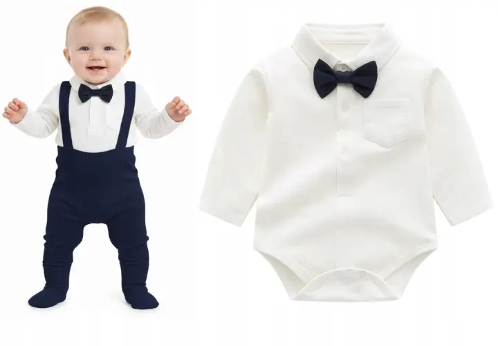 Uśmiechnięty chłopiec w eleganckim body z kołnierzykiem i granatowymi szelkami. Obok pokazano samo body.