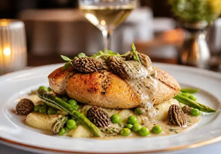 Un plat raffiné de ce type de volaille, garni de morilles, d'asperges et de purée.