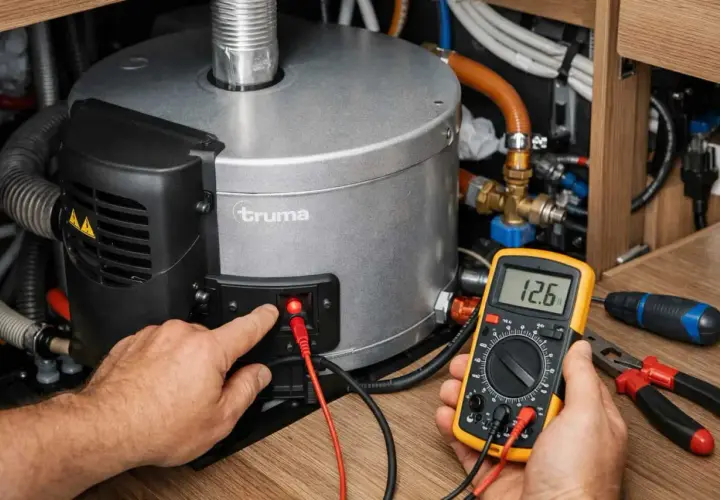 Maintenant, je vérifie le voltage du chauffe-eau de mon camping-car.