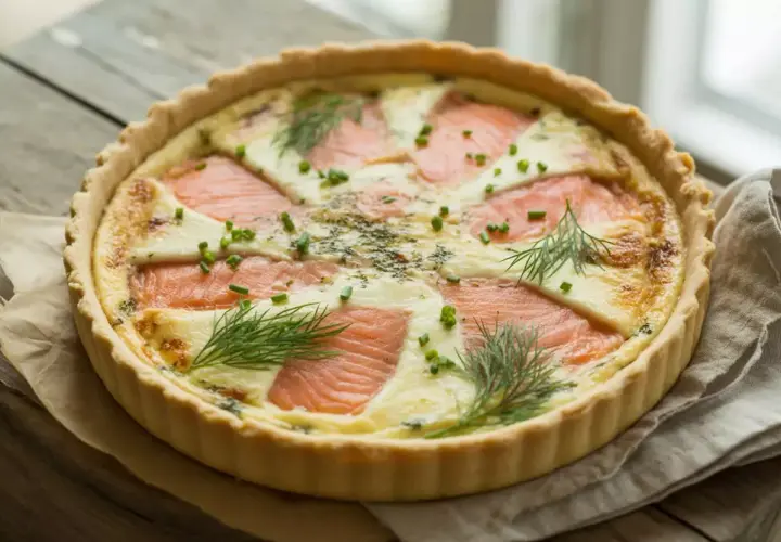 Une délicieuse quiche au saumon, garnie d'aneth frais et de ciboulette, prête à être dégustée.