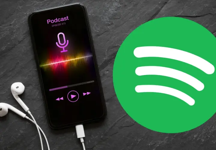 Słuchawki i smartfon z aplikacją do podcastów na tle logo Spotify. Idealny zestaw do słuchania ulubionych audycji.