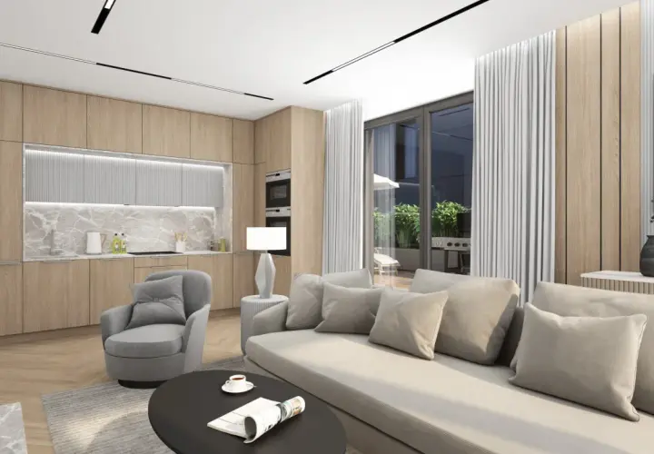 Nowoczesny salon z aneksem kuchennym, idealny dla pekabex development. Jasne drewno, szare tekstylia i duży balkon tworzą przytulną przestrzeń.