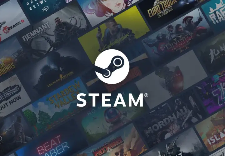 Logo Steam i kolaż okładek gier. Dowiedz się, jak udostępniać gry na Steam, by dzielić się zabawą ze znajomymi.
