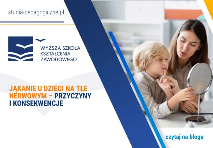 Terapeutka pomaga chłopcu z jąkaniem ćwiczyć artykulację przed lusterkiem.
