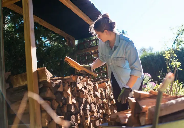Femme avec des bûches de bois sous un abri.