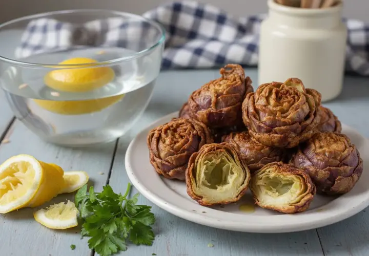 Artichauts frits dorés, un délice d'artichaut à la romaine, servis avec des citrons et du persil frais.